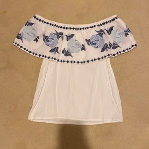 Over the shoulder, white & blue summer top